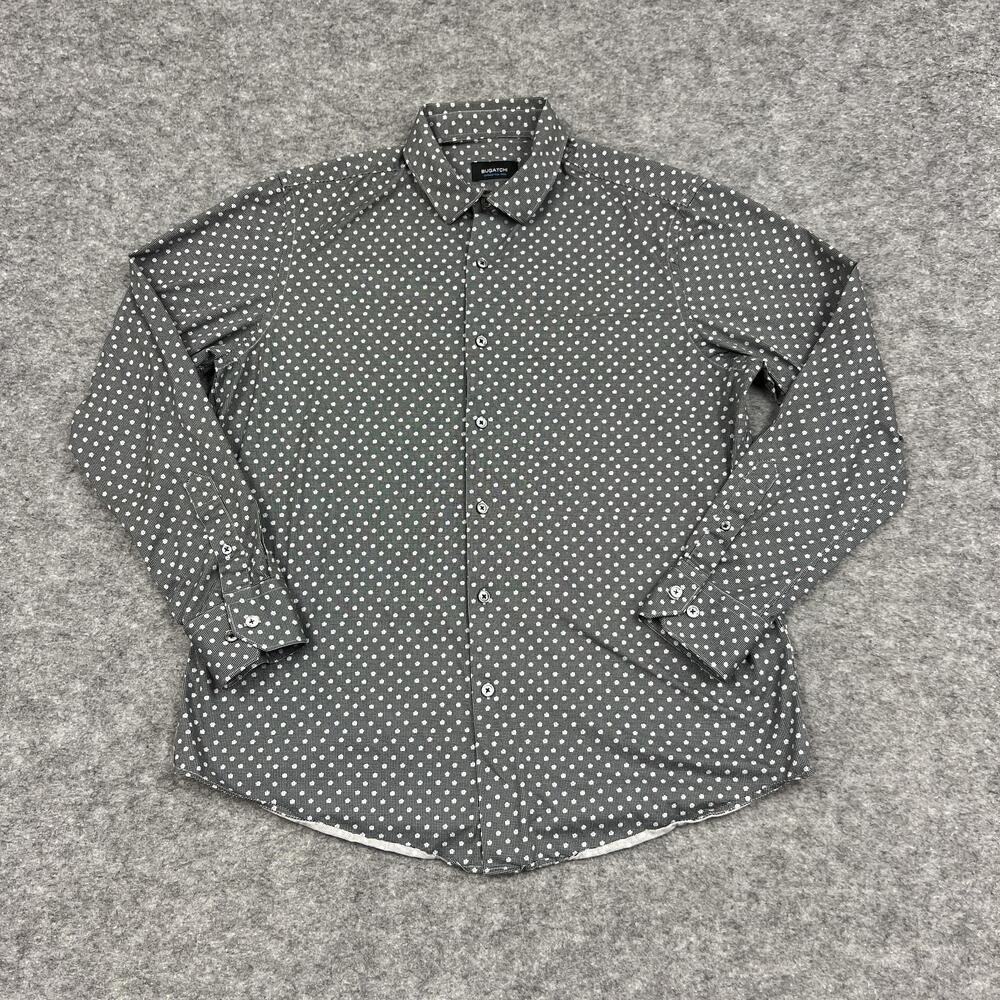 Bugatchi Shirt Mens L Graphite Polka Dot Oooh Cotton Tech Casual Stretch Career